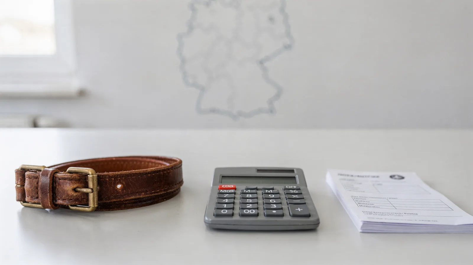 Hundesteuer-Unterlagen mit Hundeleine, Taschenrechner und Deutschlandkarte auf einem Schreibtisch
